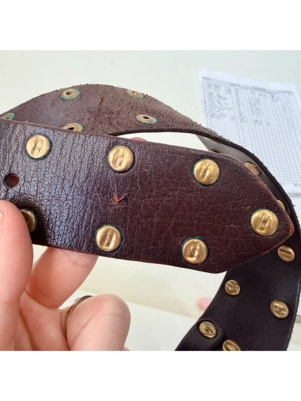 Linea Pelle vintage Studded Leather Belt Brown Brass Western Distressed Size M